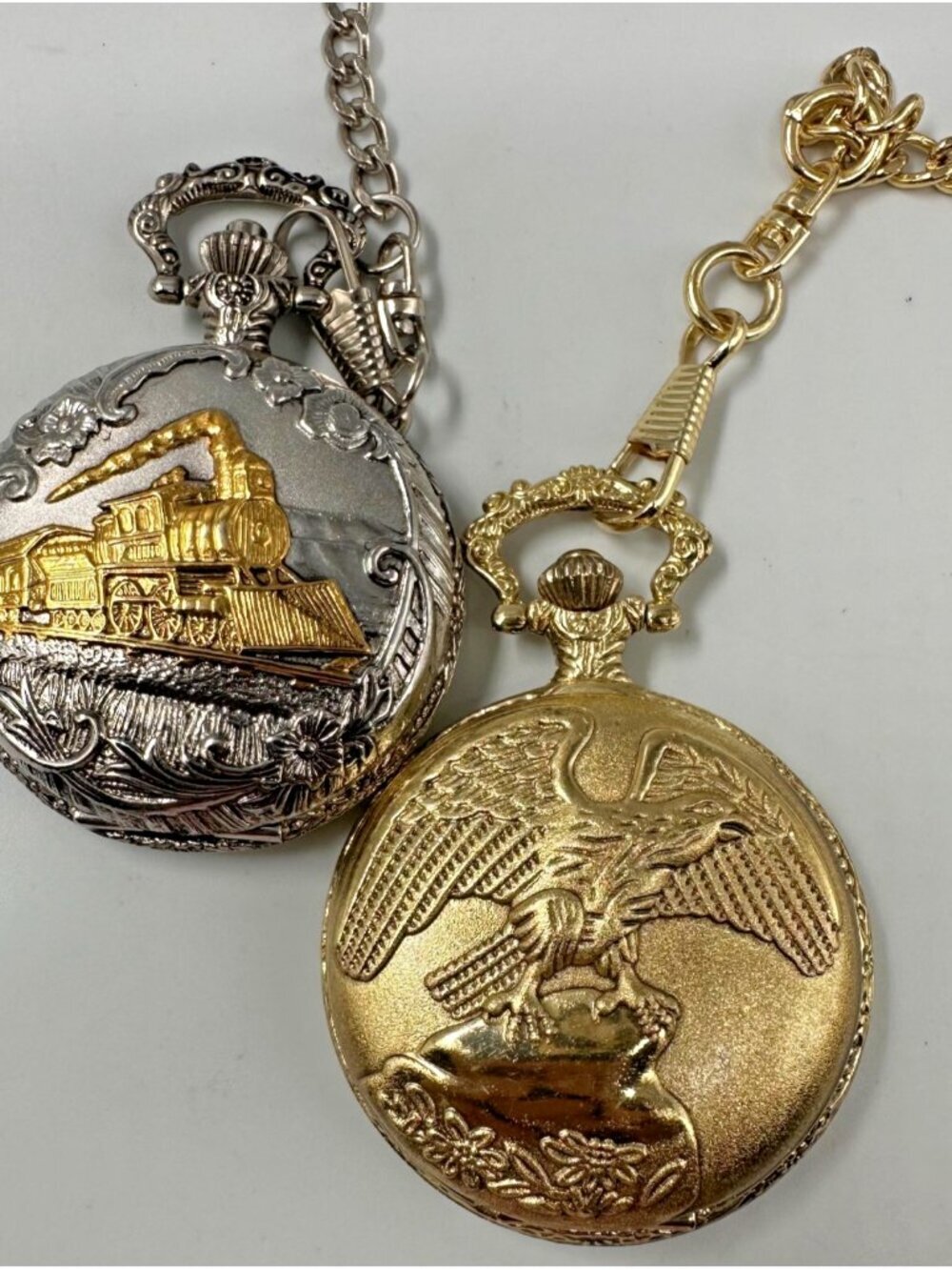 Men Pocket Watch Lot of 2 Bald Eagle Train Theme Silver Gold With Chains
